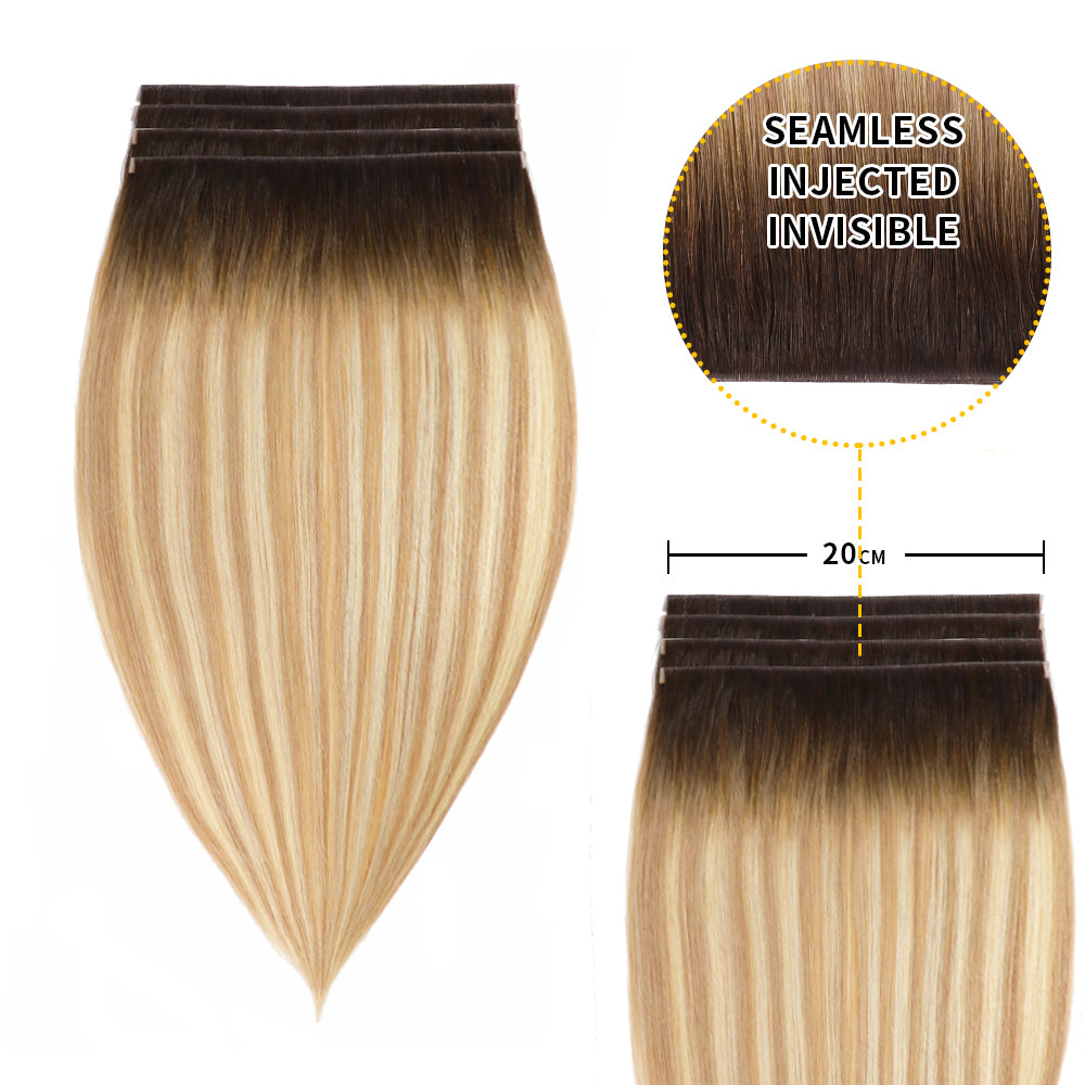 Yilite (#T2/P18/60) Darkest Brown with Ash Blonde Balayage Tape Weft Hair Extensions