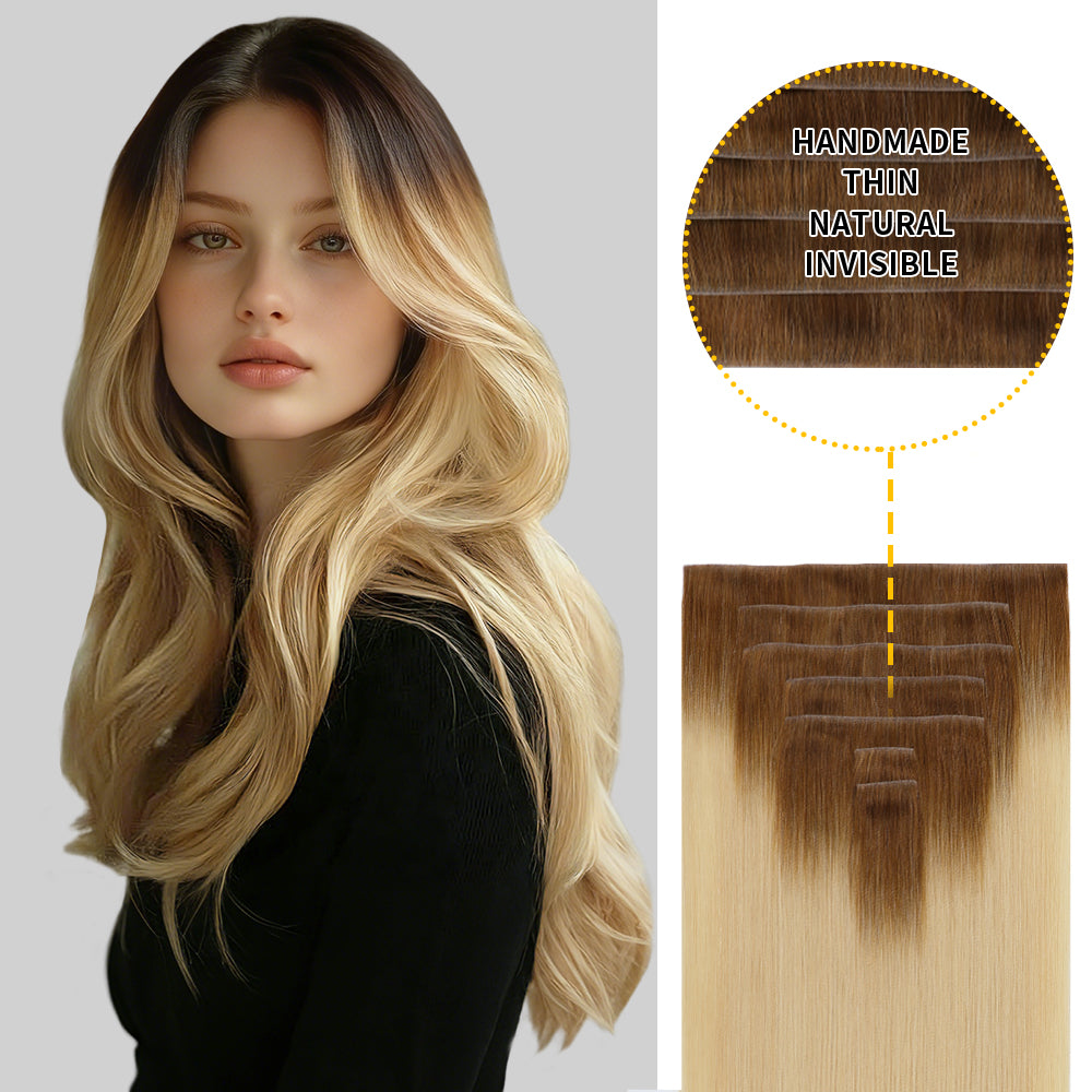 Yilite (#T8/60) Light Brown to Platinum Blonde Seamless Clip Ins 7Pcs