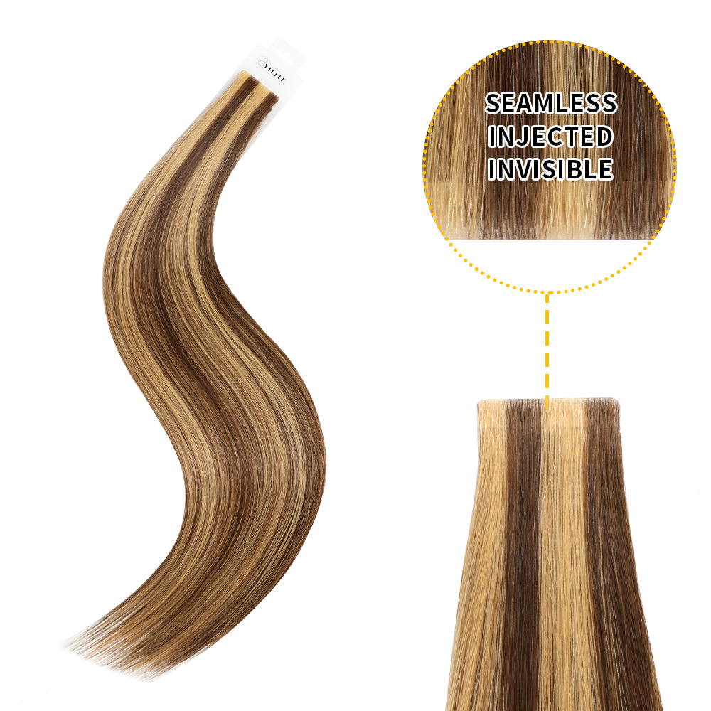 Yilite (#P4/27) Caramel Blonde Balayage Invisible Tape In Extensions 20Pcs