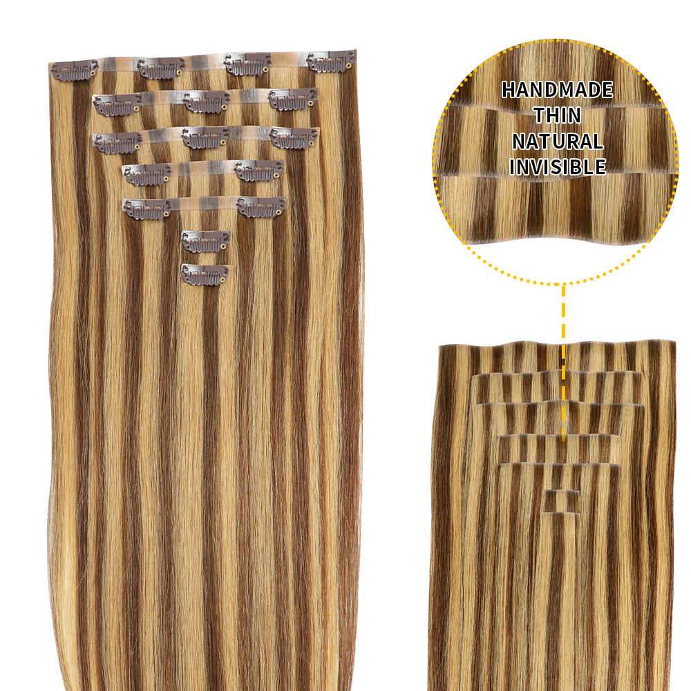 Yilite (#P4/27) Caramel Blonde Balayage Seamless Clip Ins 7Pcs