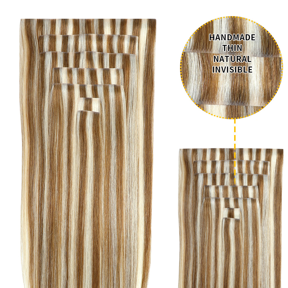 Yilite (#P8/60) Light Brown with Blonde Balayage Seamless Clip Ins 7Pcs