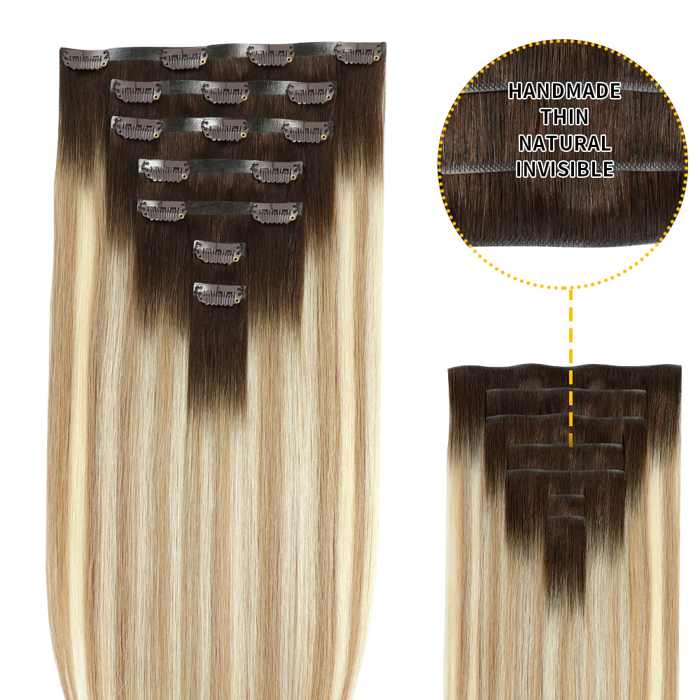 Yilite (#T2/P18/60) Darkest Brown with Ash Blonde Balayage Seamless Clip Ins 7Pcs