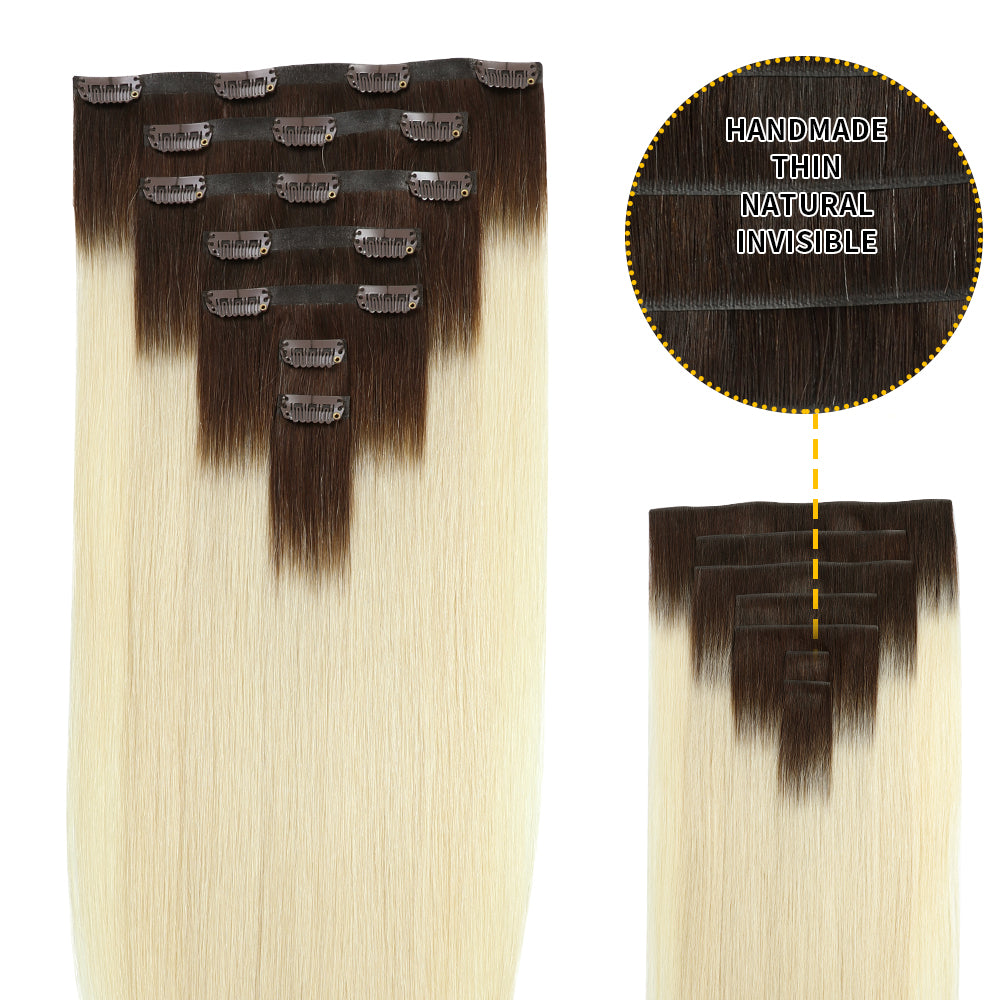 Yilite (#T2/60) Darkest Brown to Platinum Blonde Seamless Clip Ins 7Pcs