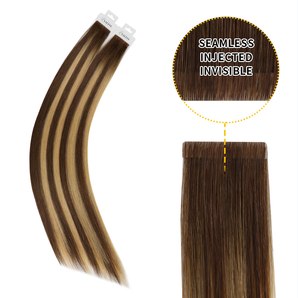Yilite (#P4/27/T4) Chocolate Brown to Caramel Blonde Invisible Tape In Extensions 20Pcs