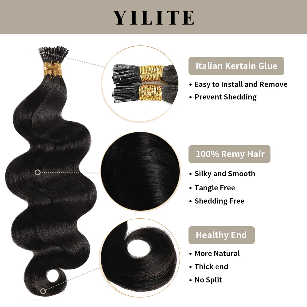 Yilite (#1B) Natural Black Body Wave I Tip Extensions
