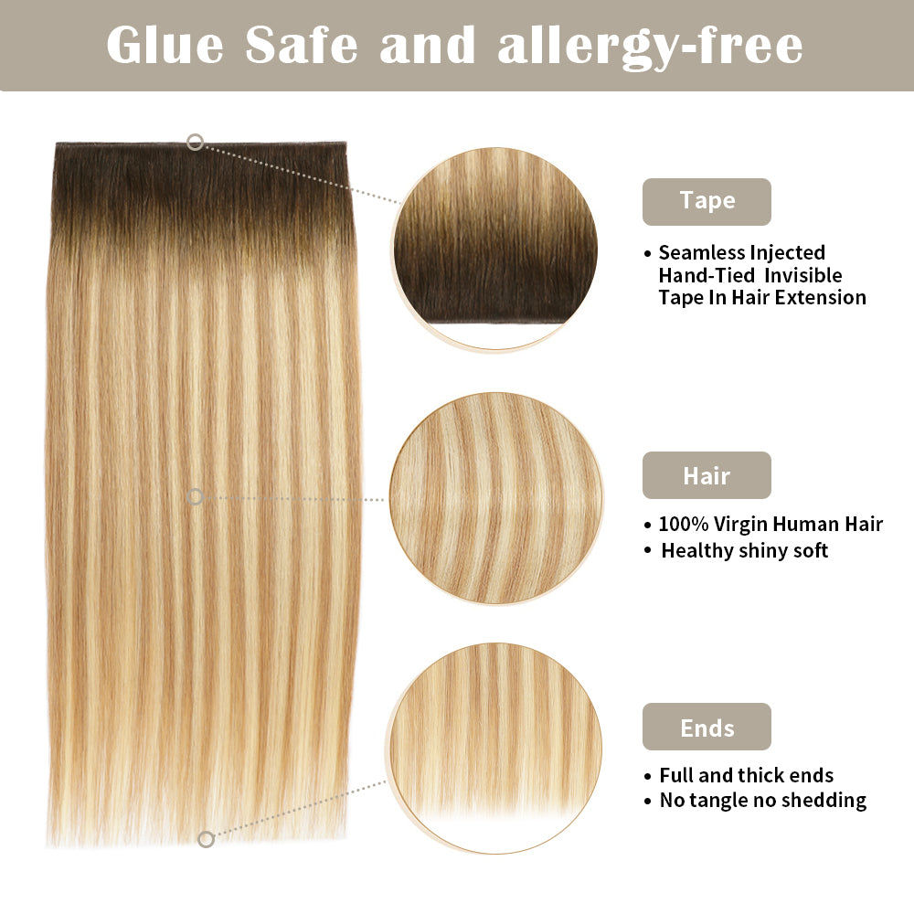 Yilite (#T2/P18/60) Darkest Brown with Ash Blonde Balayage Tape Weft Hair Extensions
