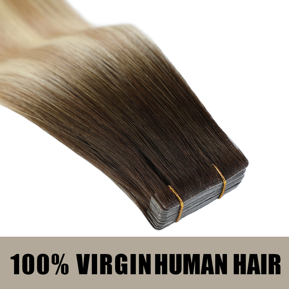 Yilite  (#T2/P18/613) Darkest Brown with Blonde Balayage Invisible Tape In Extensions 20Pcs