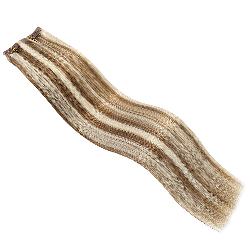 Yilite (#P8/60) Light Brown with Blonde Balayage Seamless Clip Ins 7Pcs