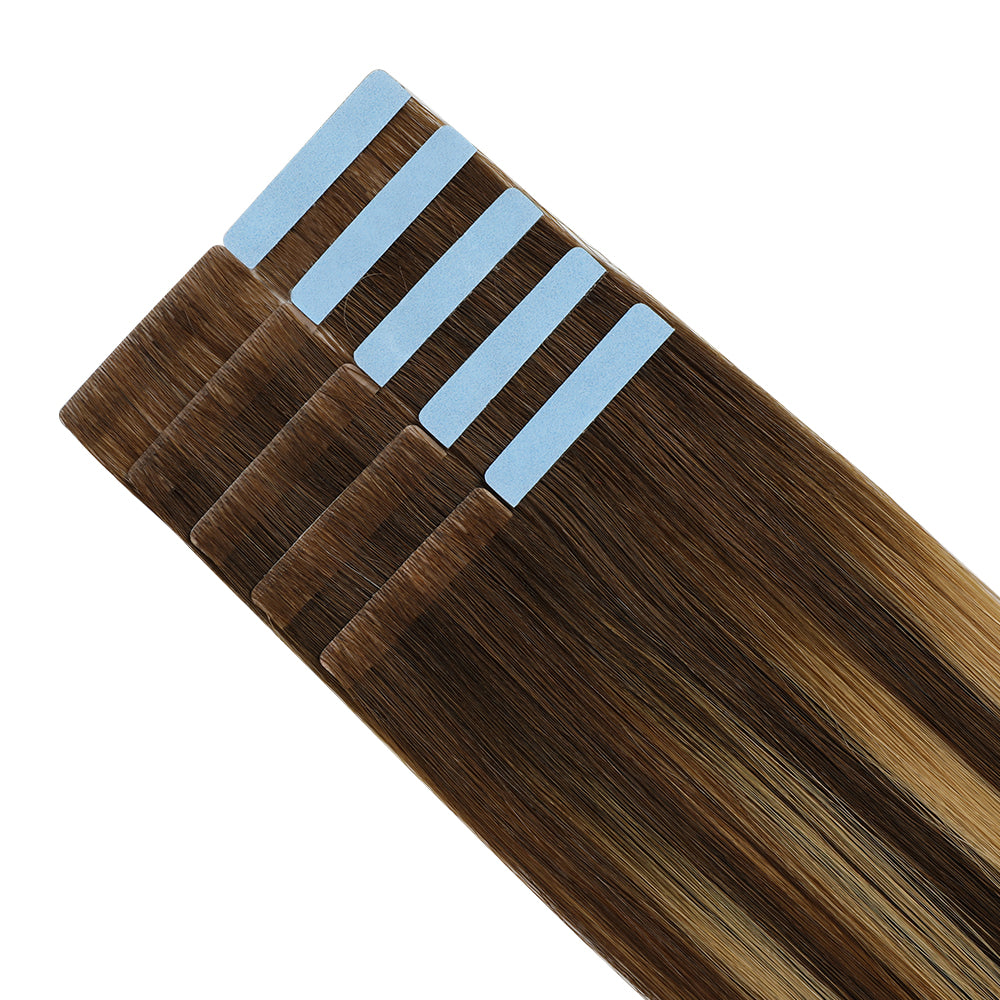 Yilite (#P4/27/T4) Chocolate Brown to Caramel Blonde Invisible Tape In Extensions 20Pcs