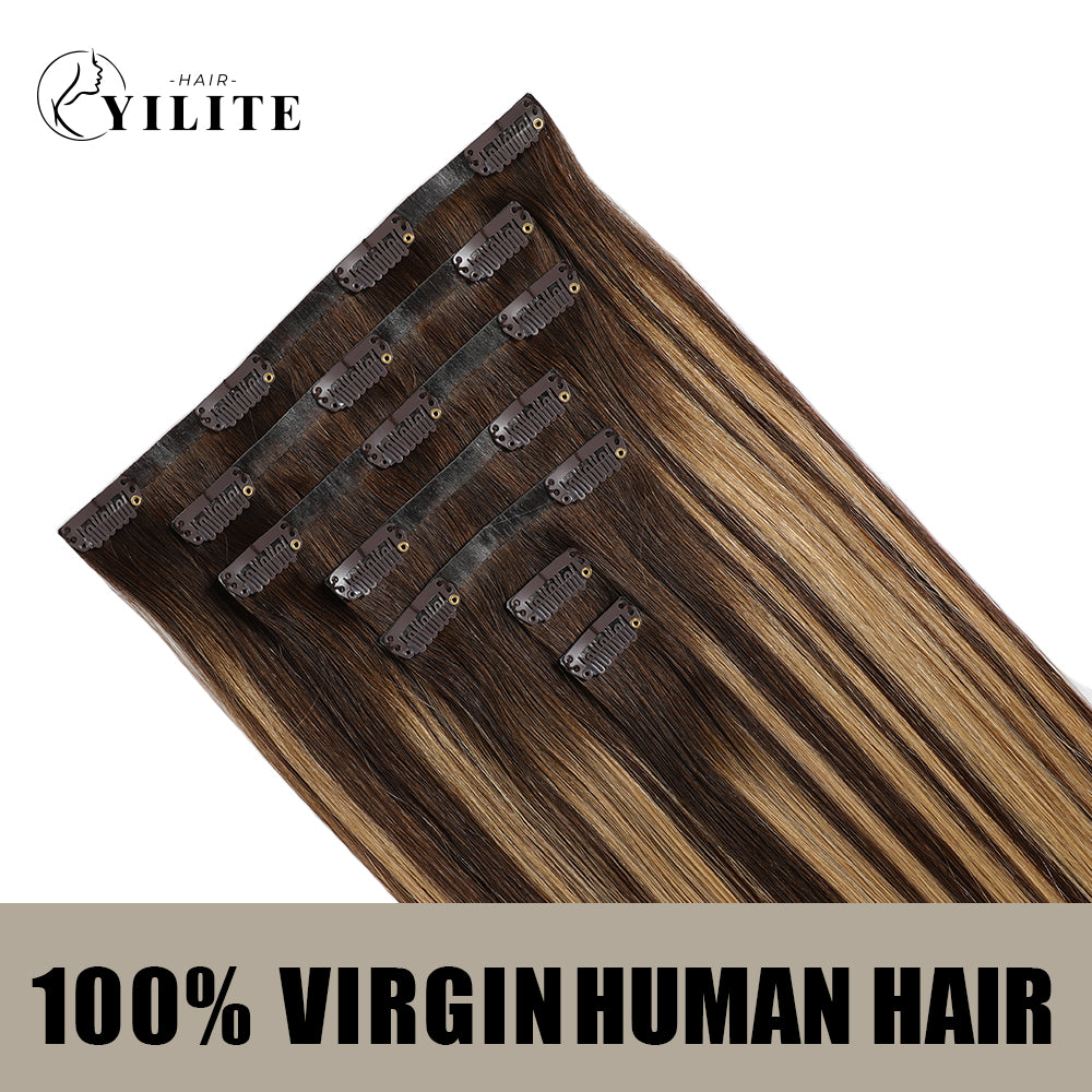 Yilite (#P4/27/T4) Chocolate Brown to Caramel Blonde Seamless Clip Ins 7Pcs