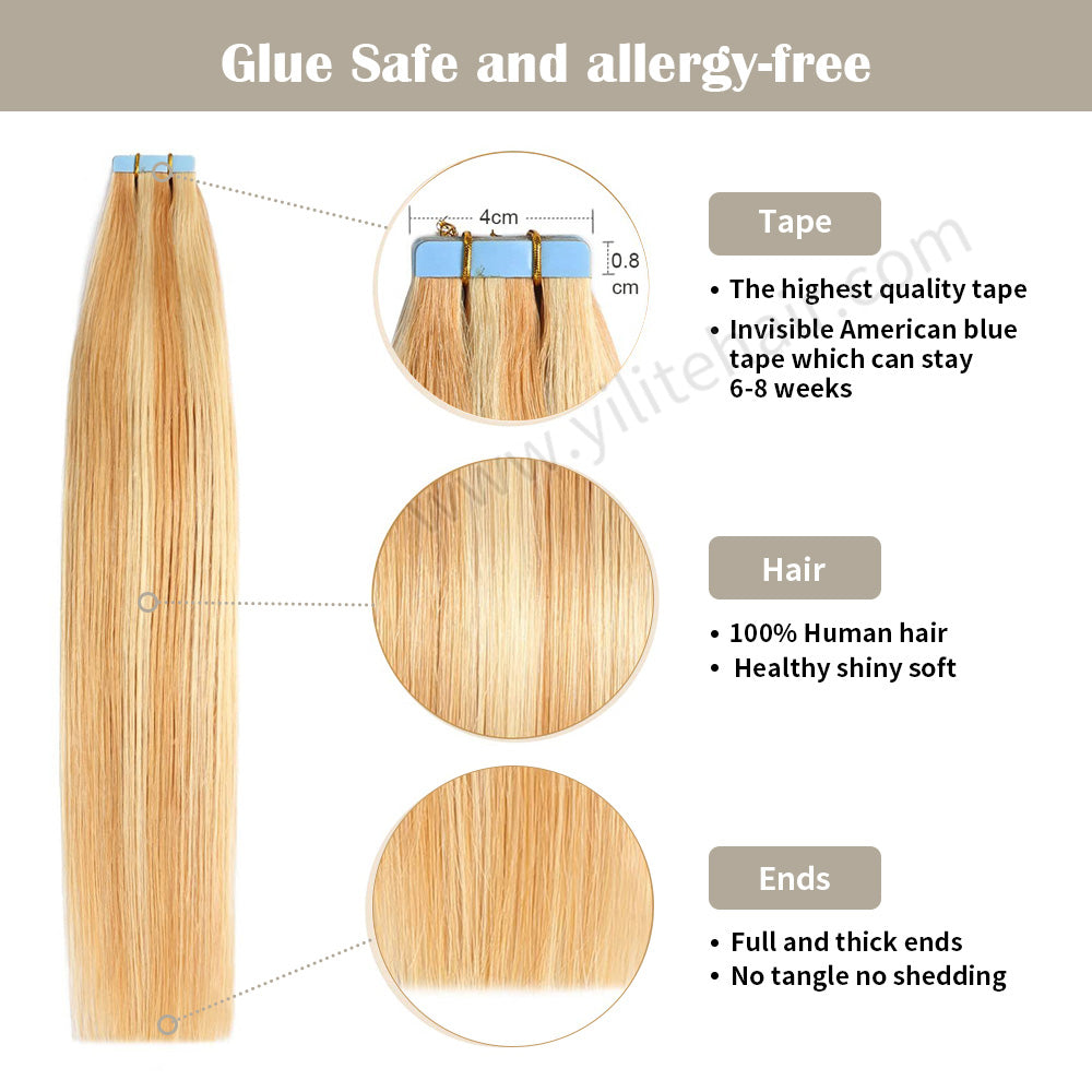 Yilite (#P27/613) Strawberry Blonde Mixed Bleach Blonde Tape In Hair Extensions Remy Human Hair 24Pcs