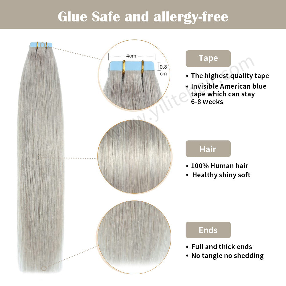 Yilite Silver Tape In Hair Extensions Remy Human Hair 24Pcs