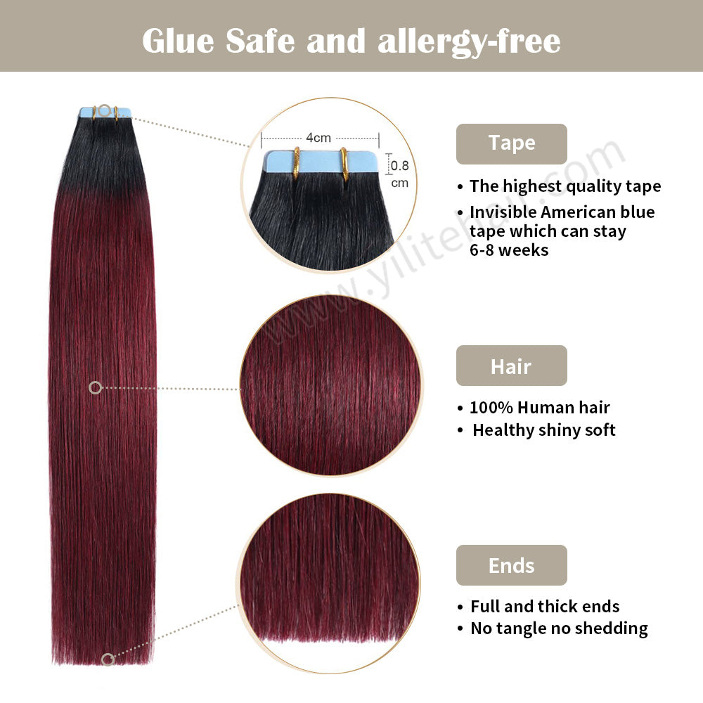 Yilite (#T1/99J) Jet Black to Burgundy Tape In Hair Extensions Remy Human Hair 24Pcs
