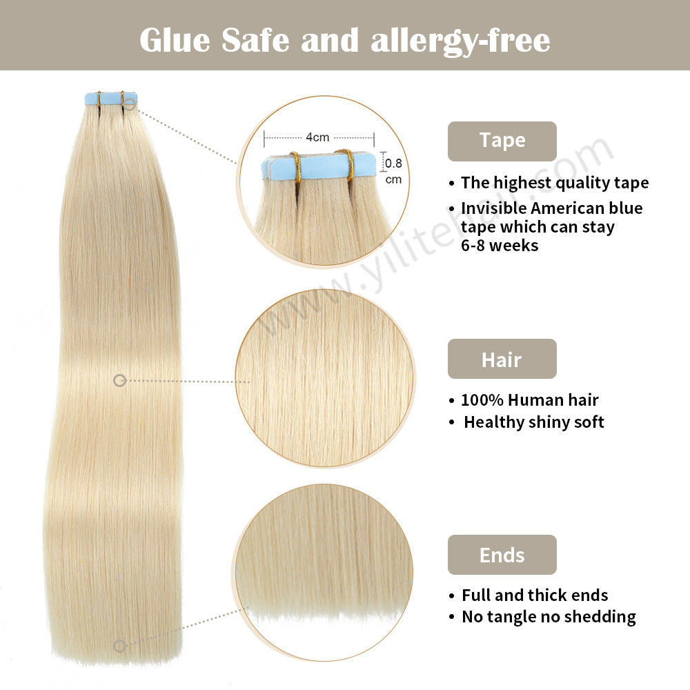 Yilite (#613) Bleach Blonde Tape In Hair Extensions Remy Human Hair 24Pcs