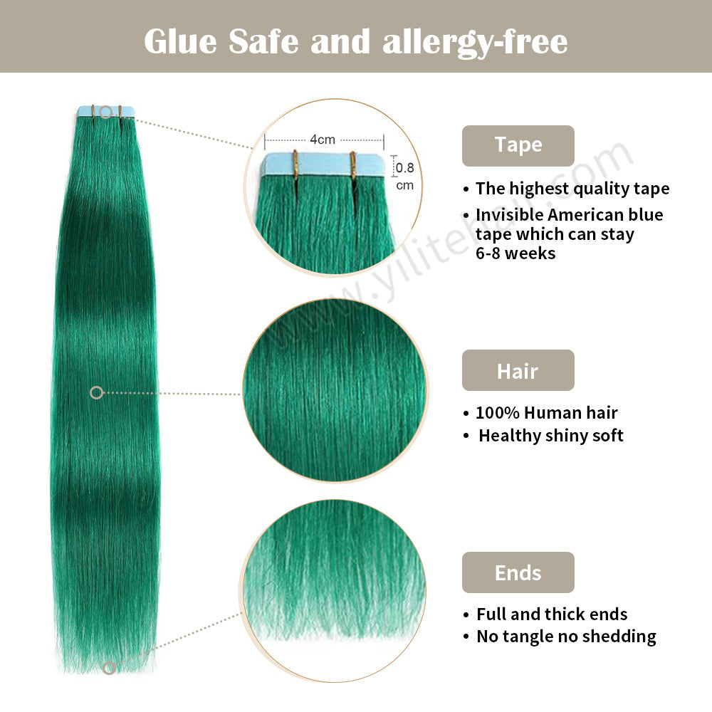 Yilite Teal Green Tape In Hair Extensions Remy Human Hair 24Pcs