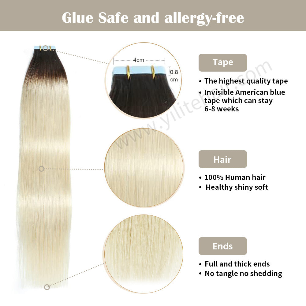 Yilite (#T2/60) Darkest Brown to Platinum Blonde Tape In Hair Extensions Remy Human Hair 24Pcs