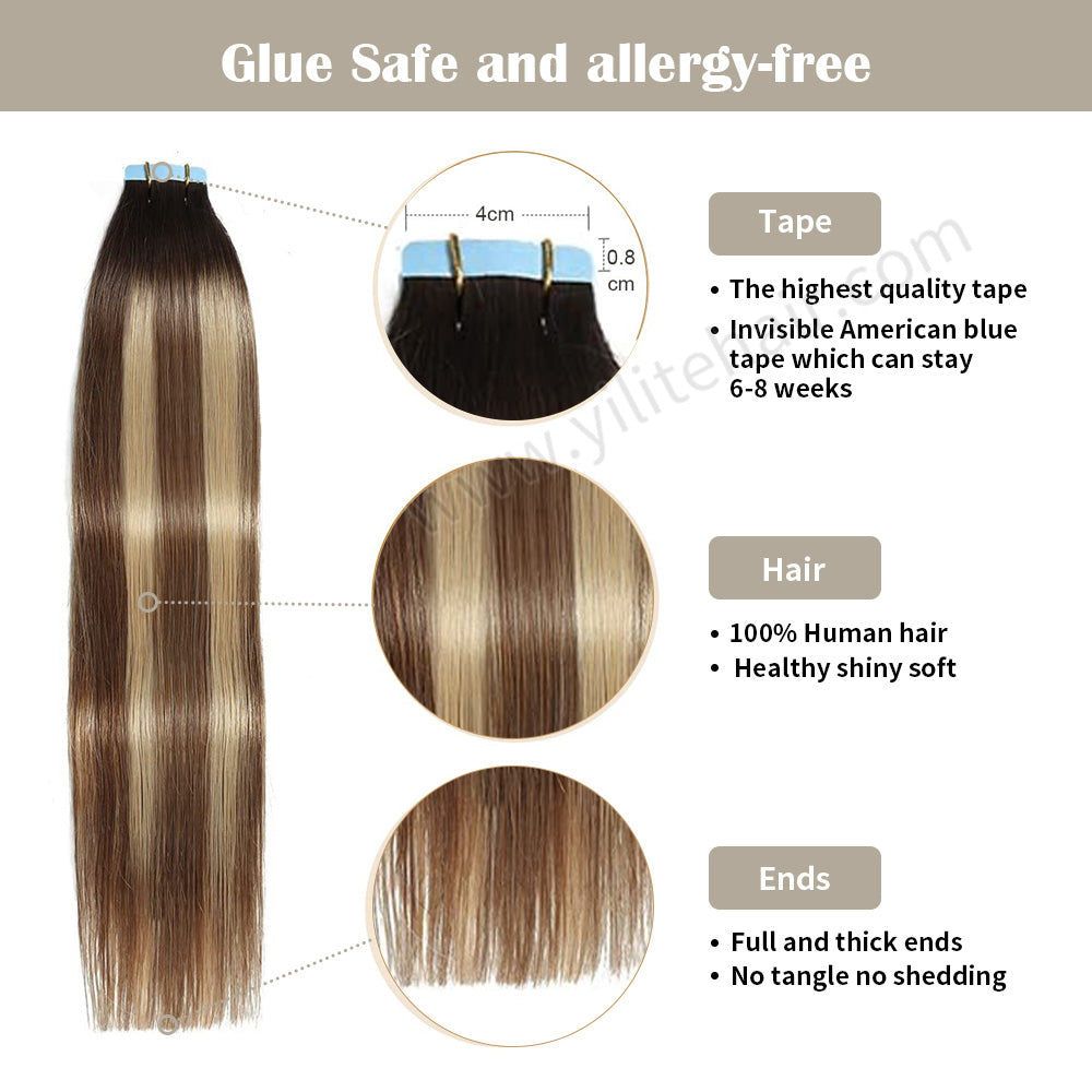 Yilite (#P6/16/T2) Brown to Light Blonde Balayage Tape In Hair Extensions Remy Human Hair 24Pcs