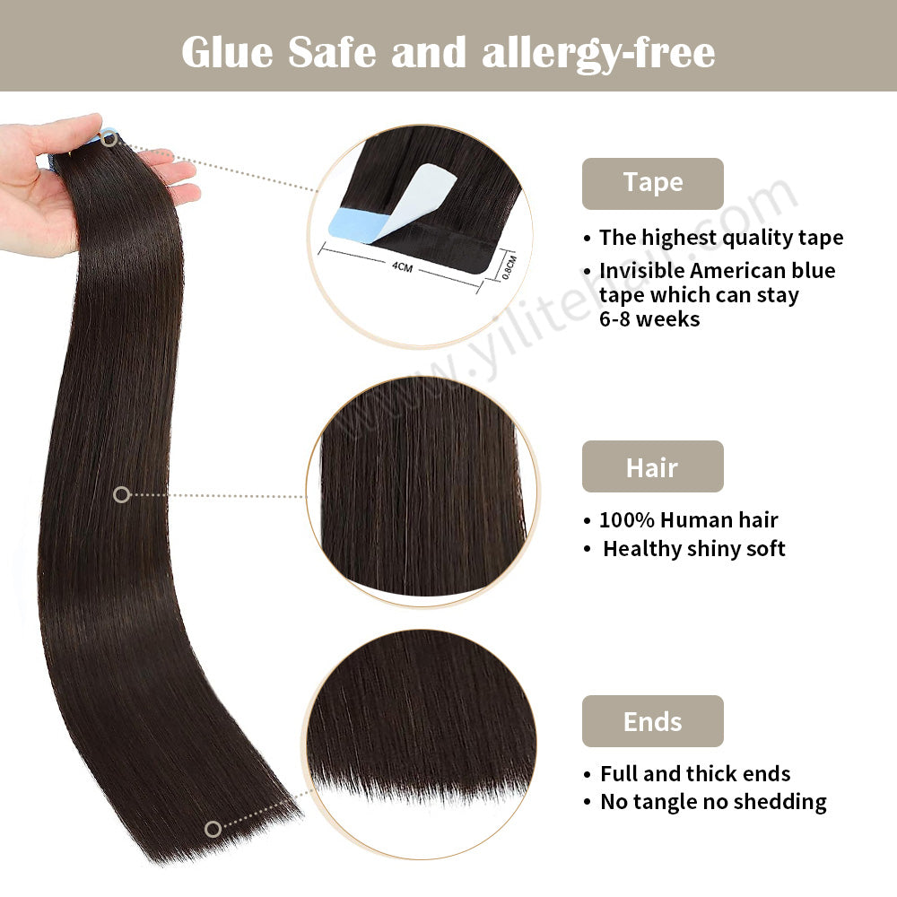 Yilite (#2) Darkest Brown Tape In Hair Extensions Remy Human Hair 24Pcs