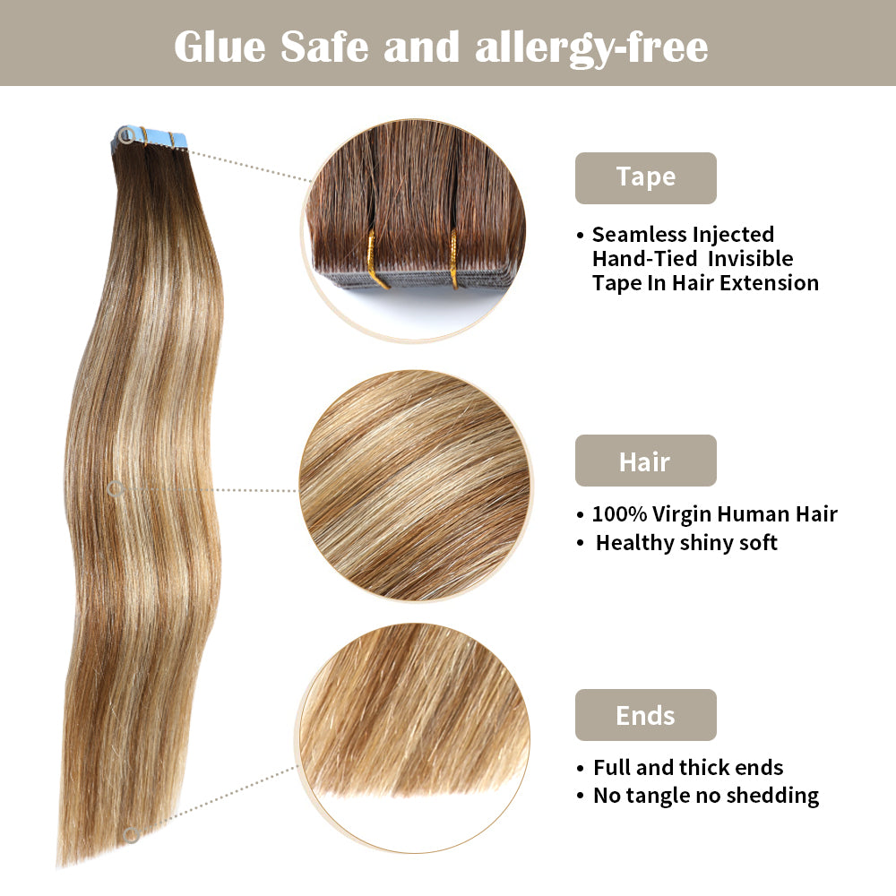 Yilite (#P6/613/T4) Brown to Blonde Balayage Invisible Tape In Extensions 20Pcs