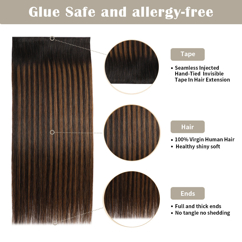 Yilite (#P1B/6/T1B) Natural Black Balayage Tape Weft Hair Extensions