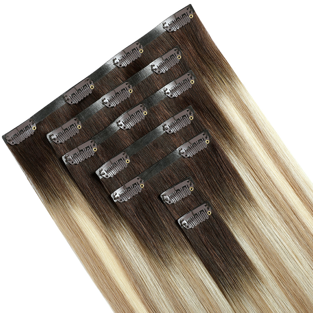 Yilite (#T2/P18/60) Darkest Brown with Ash Blonde Balayage Seamless Clip Ins 7Pcs