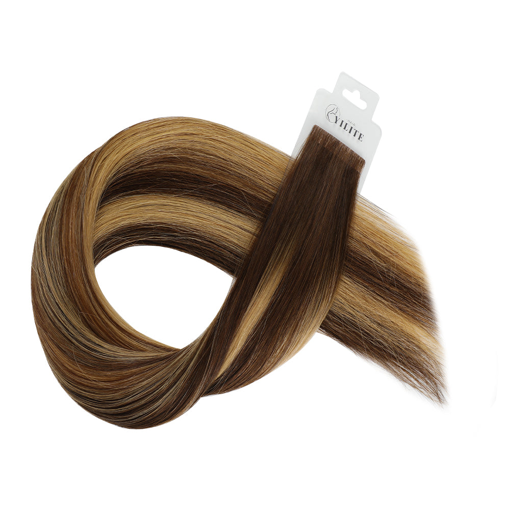 Yilite (#P4/27/T4) Chocolate Brown to Caramel Blonde Invisible Tape In Extensions 20Pcs