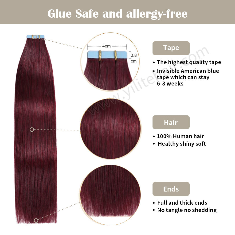 Yilite (#99J) Burgundy Tape In Hair Extensions Remy Human Hair 24Pcs