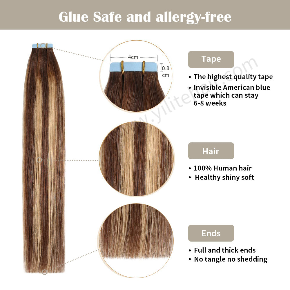 Yilite (#P4/27/T4) Chocolate Brown with Caramel Blonde Tape In Hair Extensions Remy Human Hair 24Pcs