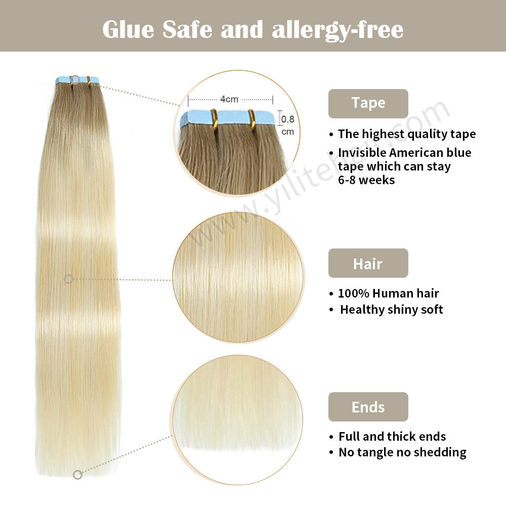 Yilite (#P22/60/T18) Light Ash Blonde to Platinum Blonde Balayage Tape In Hair Extensions 24Pcs
