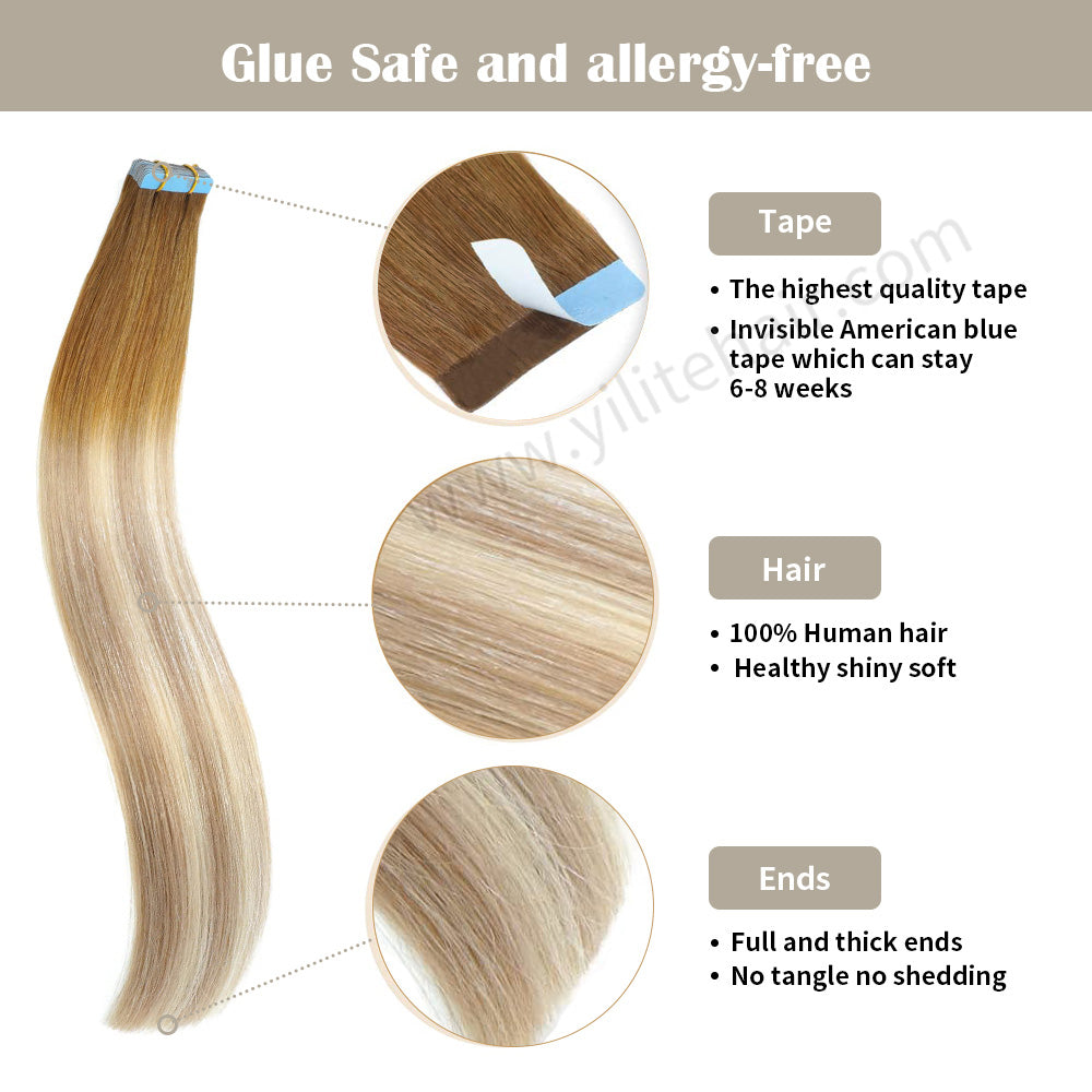 Yilite (#T8/P18/60) Light Brown with Ash Blonde Balayage Tape In Hair Extensions Remy Human Hair 24Pcs
