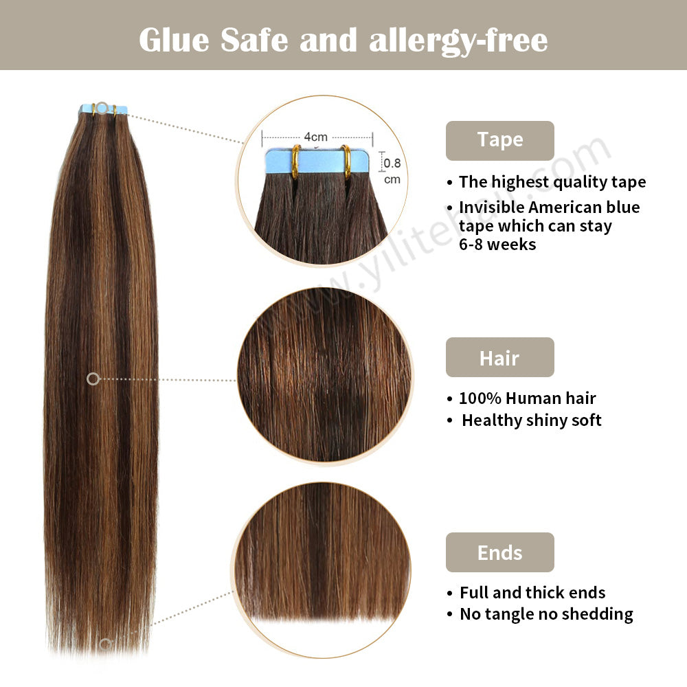 Yilite (#P2/6/T2) Darkest Brown Balayage Tape In Hair Extensions Remy Human Hair 24Pcs
