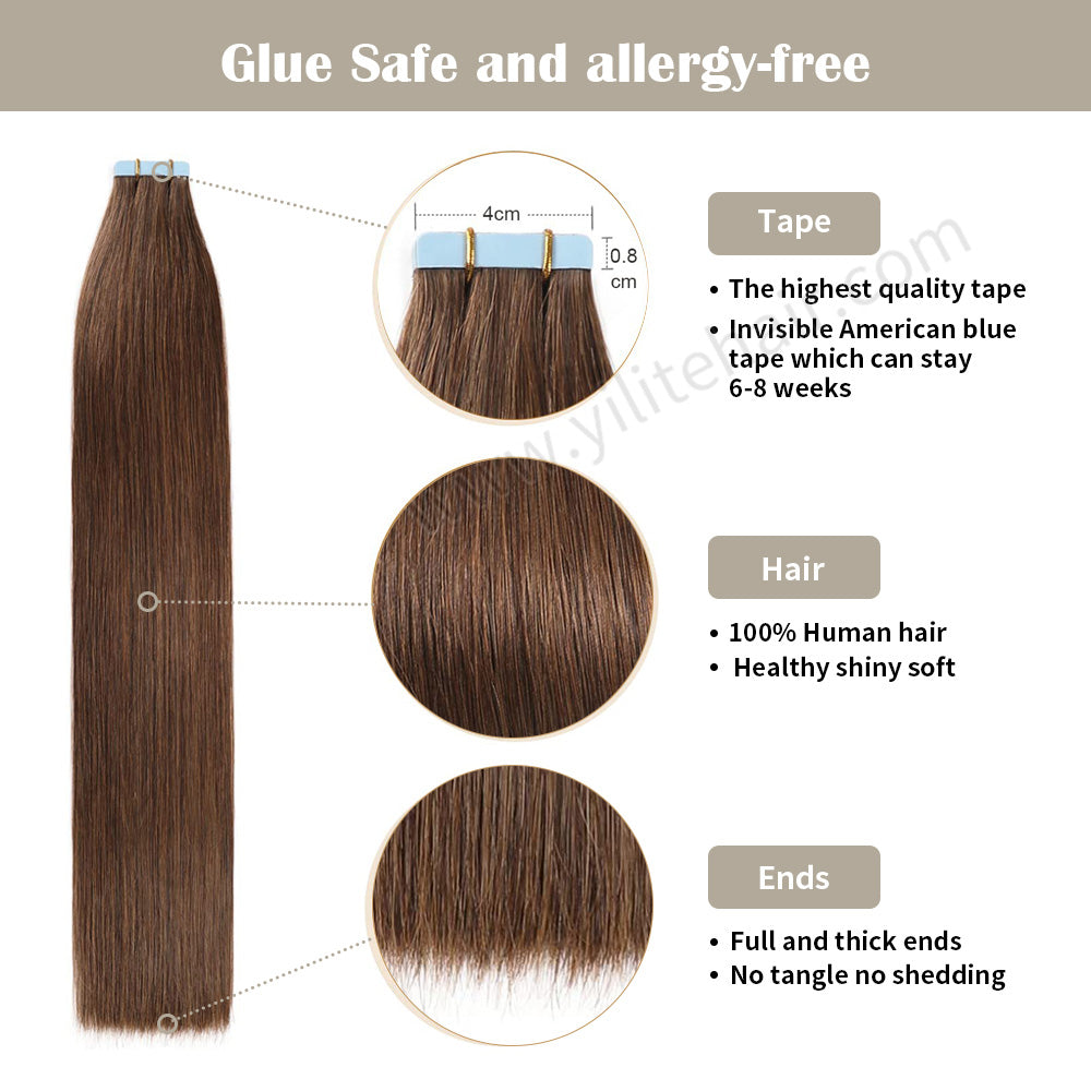 Yilite (#4) Chocolate Brown Tape In Hair Extensions Remy Human Hair 24Pcs