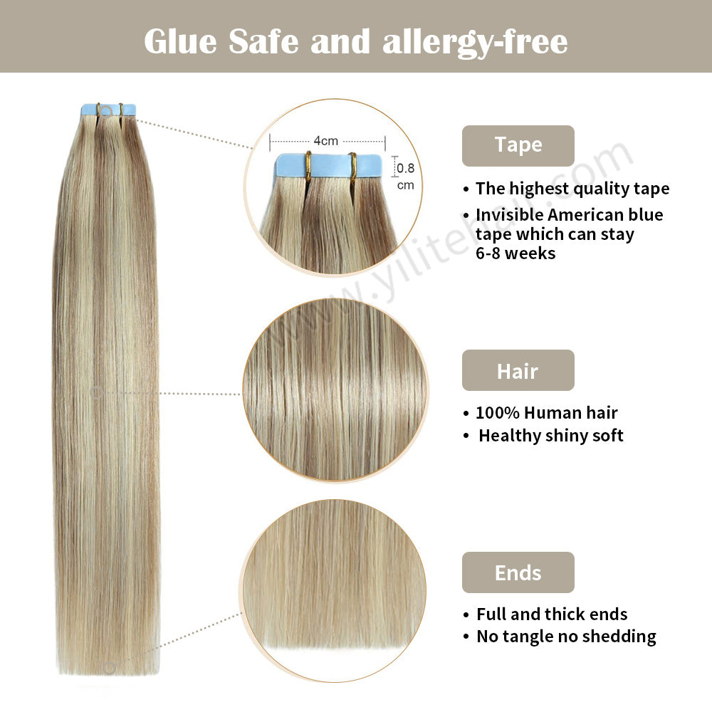 Yilite (#P18/613) Ash Blonde Highlights Tape In Hair Extensions Remy Human Hair 24Pcs