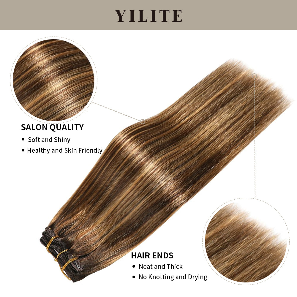 Yilite (#P4/27/T4) Chocolate Brown to Caramel Blonde Classic Clip Ins
