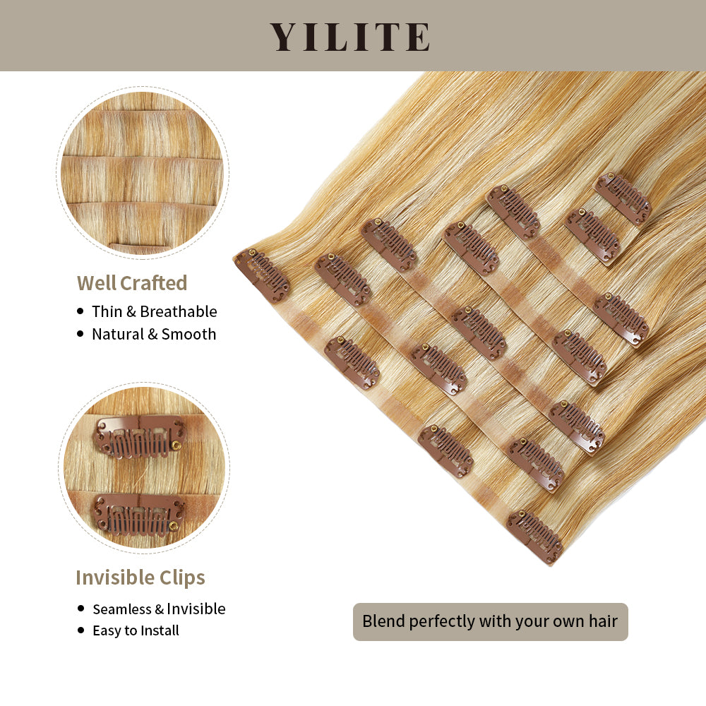 Yilite (#P27/613) Strawberry Blonde Bleach Blonde Seamless Clip Ins 7Pcs