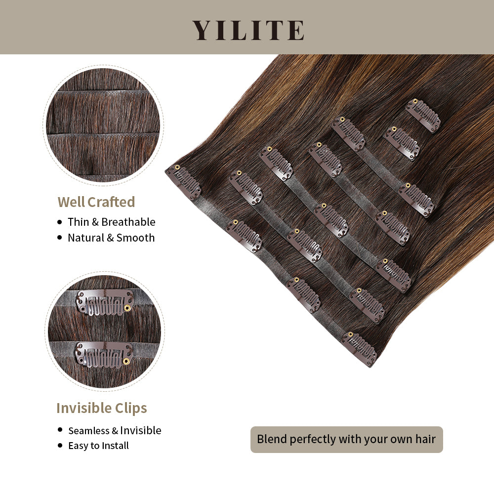 Yilite (#P2/6/T2) Darkest Brown Balayage Seamless Clip Ins 7Pcs