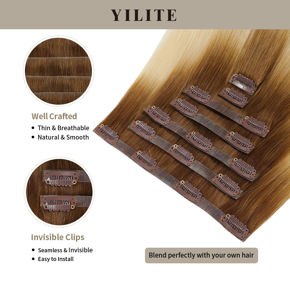 Yilite (#T8/60) Light Brown to Platinum Blonde Seamless Clip Ins 7Pcs