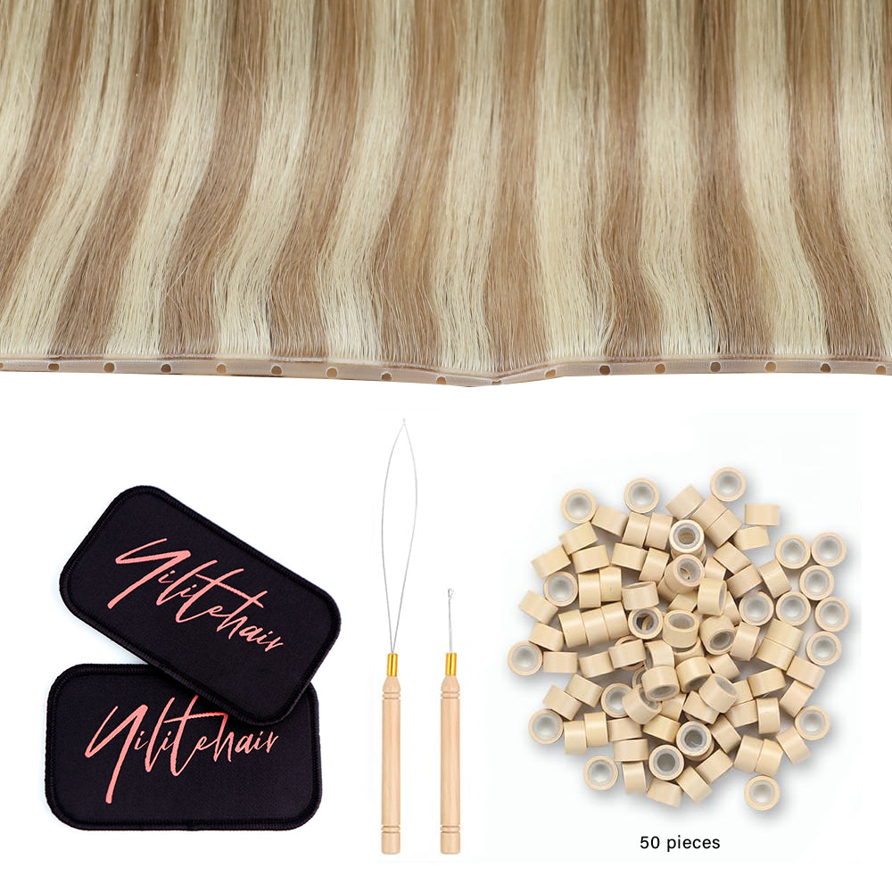 Yilite (#P18/613) Ash Blonde Highlights Butterfly Weft Hair Extensions