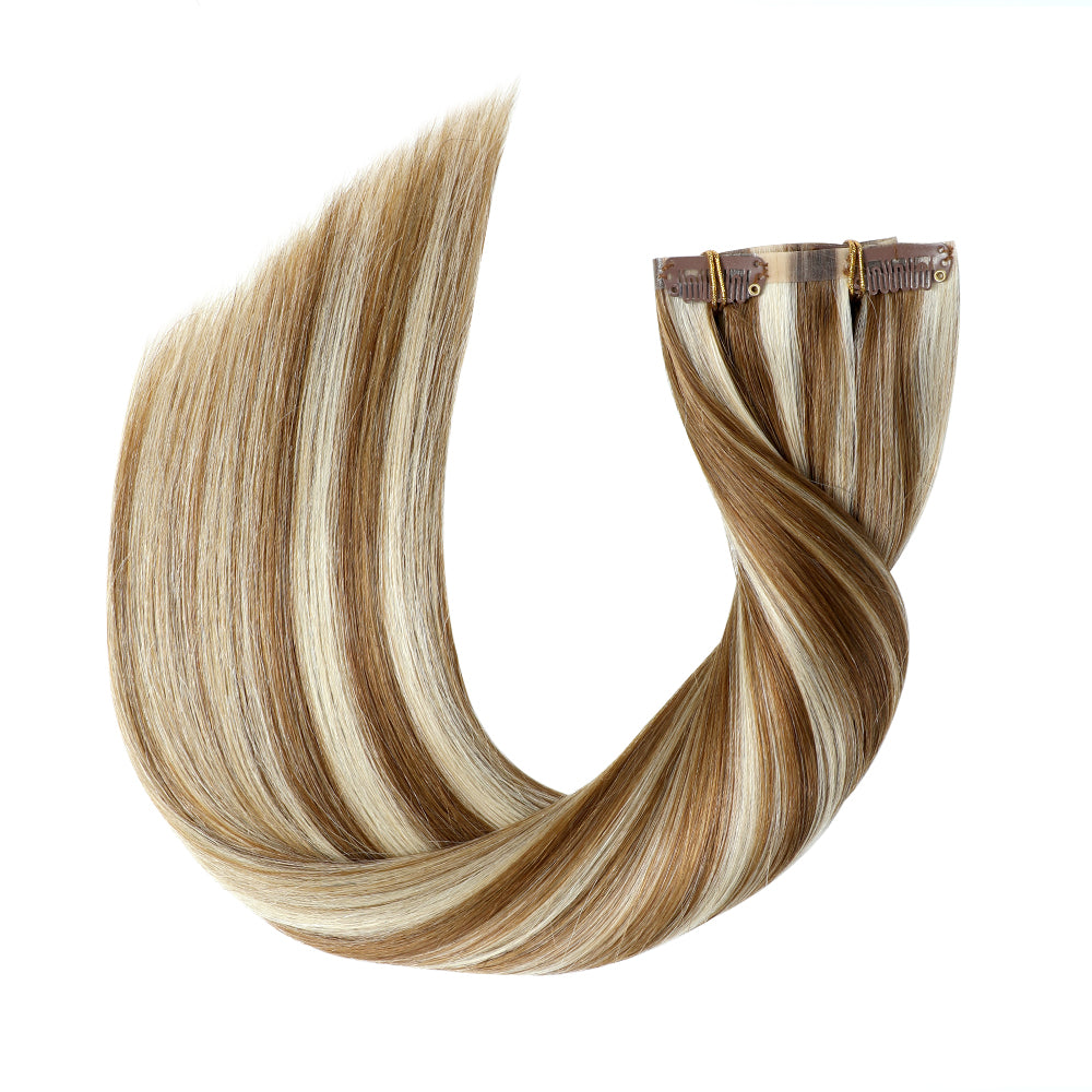 Yilite (#P8/60) Light Brown with Blonde Balayage Seamless Clip Ins 7Pcs