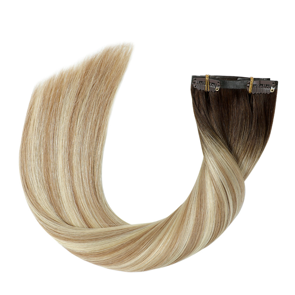 Yilite (#T2/P18/60) Darkest Brown with Ash Blonde Balayage Seamless Clip Ins 7Pcs