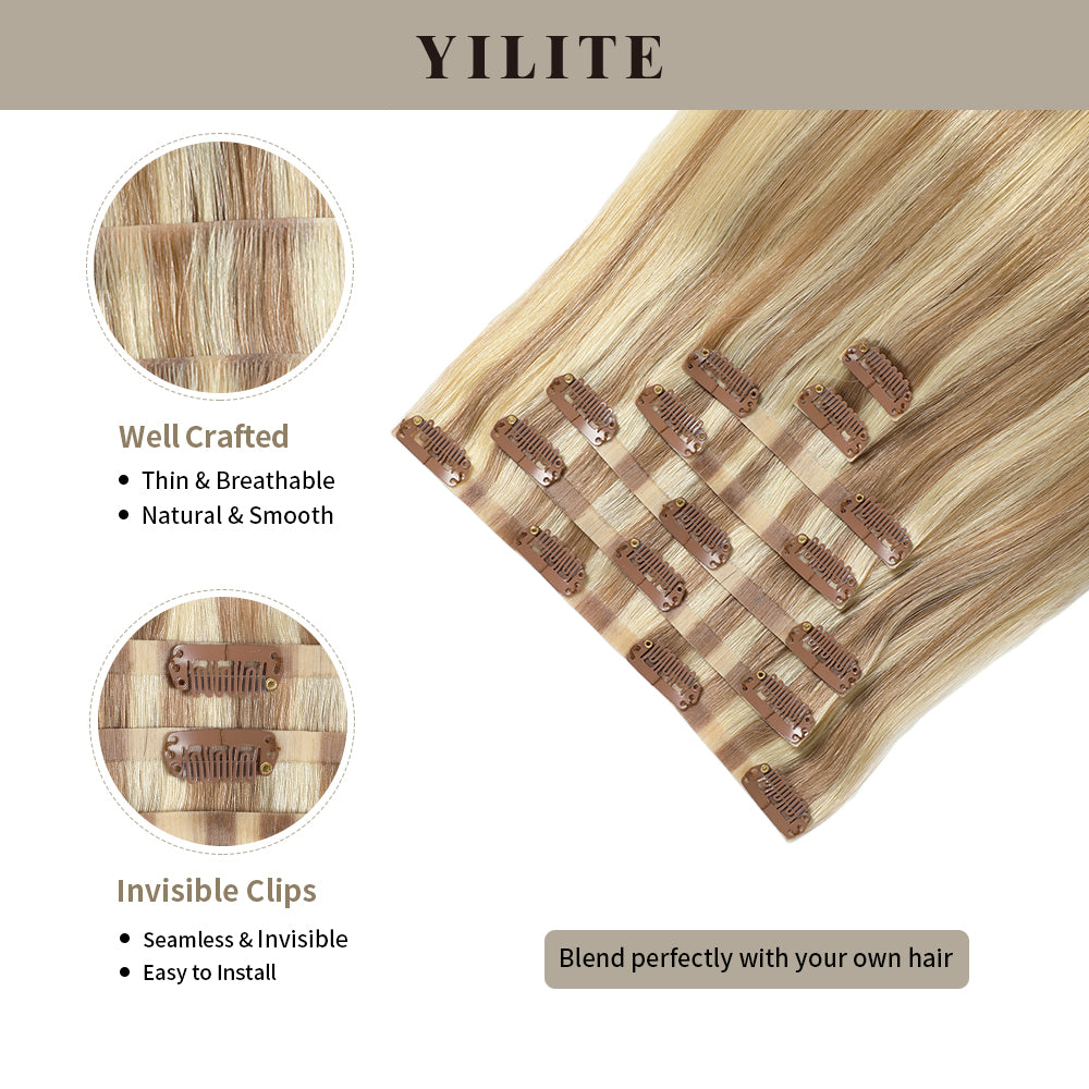 Yilite (#P18/613) Ash Blonde Highlights Seamless Clip Ins 7Pcs