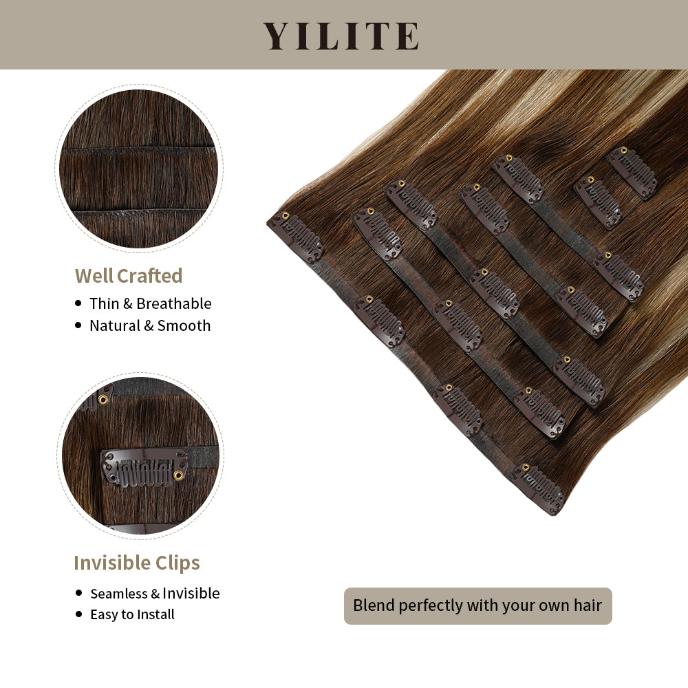 Yilite (#P6/613/T4) Brown to Blonde Balayage Seamless Clip Ins 7Pcs