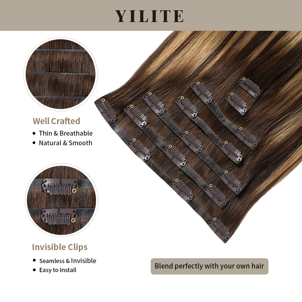 Yilite (#P4/27/T4) Chocolate Brown to Caramel Blonde Seamless Clip Ins 7Pcs