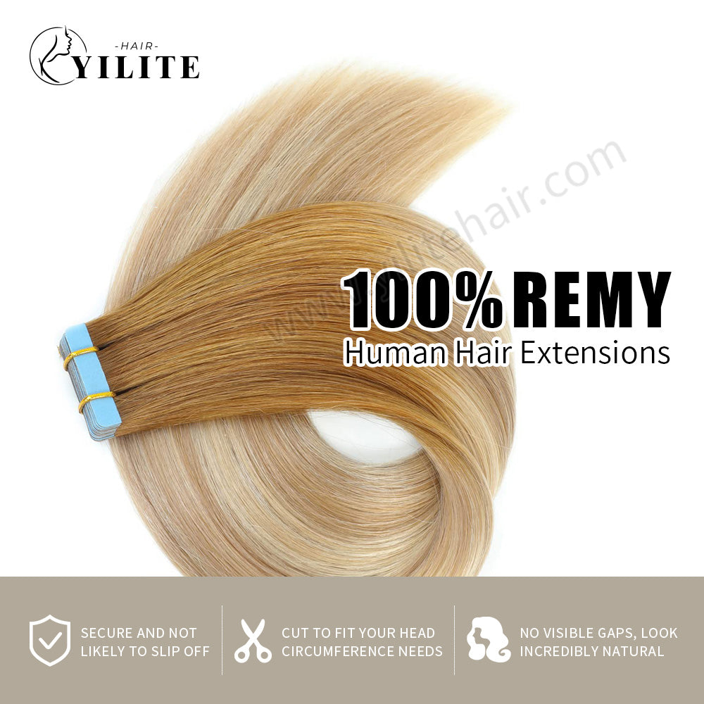 Yilite (#T8/P18/60) Light Brown with Ash Blonde Balayage Tape In Hair Extensions Remy Human Hair 24Pcs