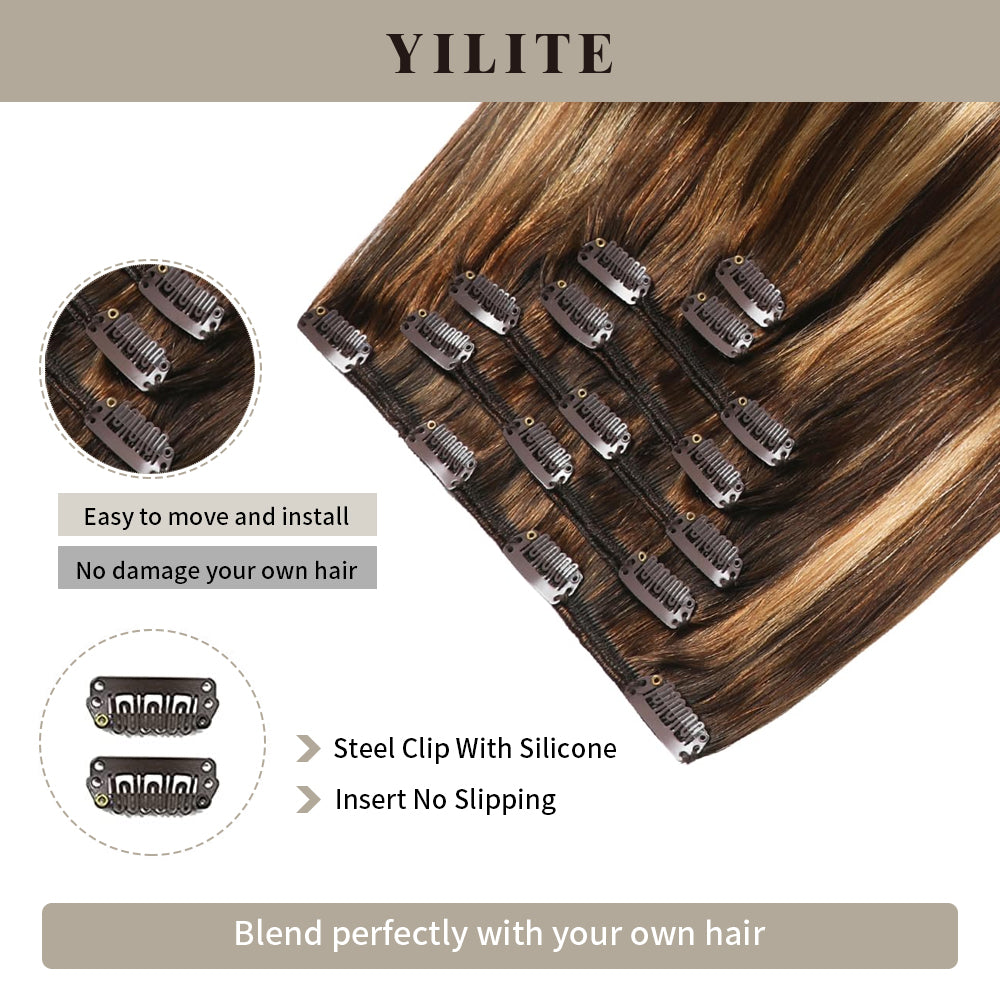 Yilite (#P4/27/T4) Chocolate Brown to Caramel Blonde Classic Clip Ins