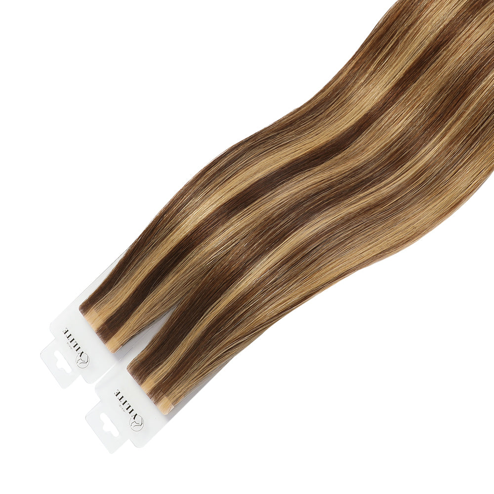 Yilite (#P4/27) Caramel Blonde Balayage Invisible Tape In Extensions 20Pcs