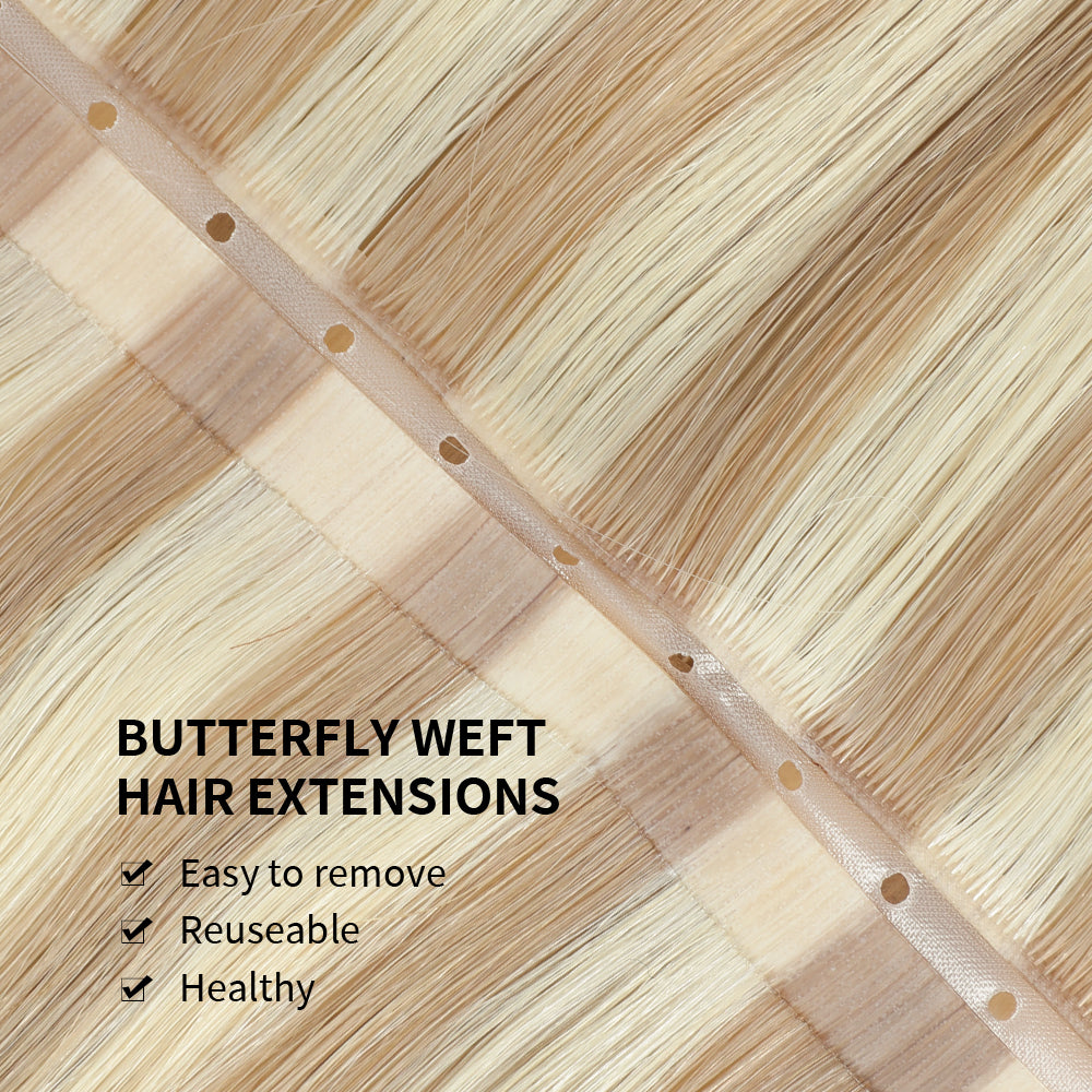 Yilite (#P18/613) Ash Blonde Highlights Butterfly Weft Hair Extensions