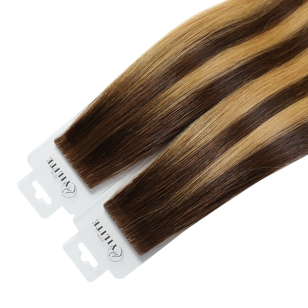 Yilite (#P4/27/T4) Chocolate Brown to Caramel Blonde Invisible Tape In Extensions 20Pcs