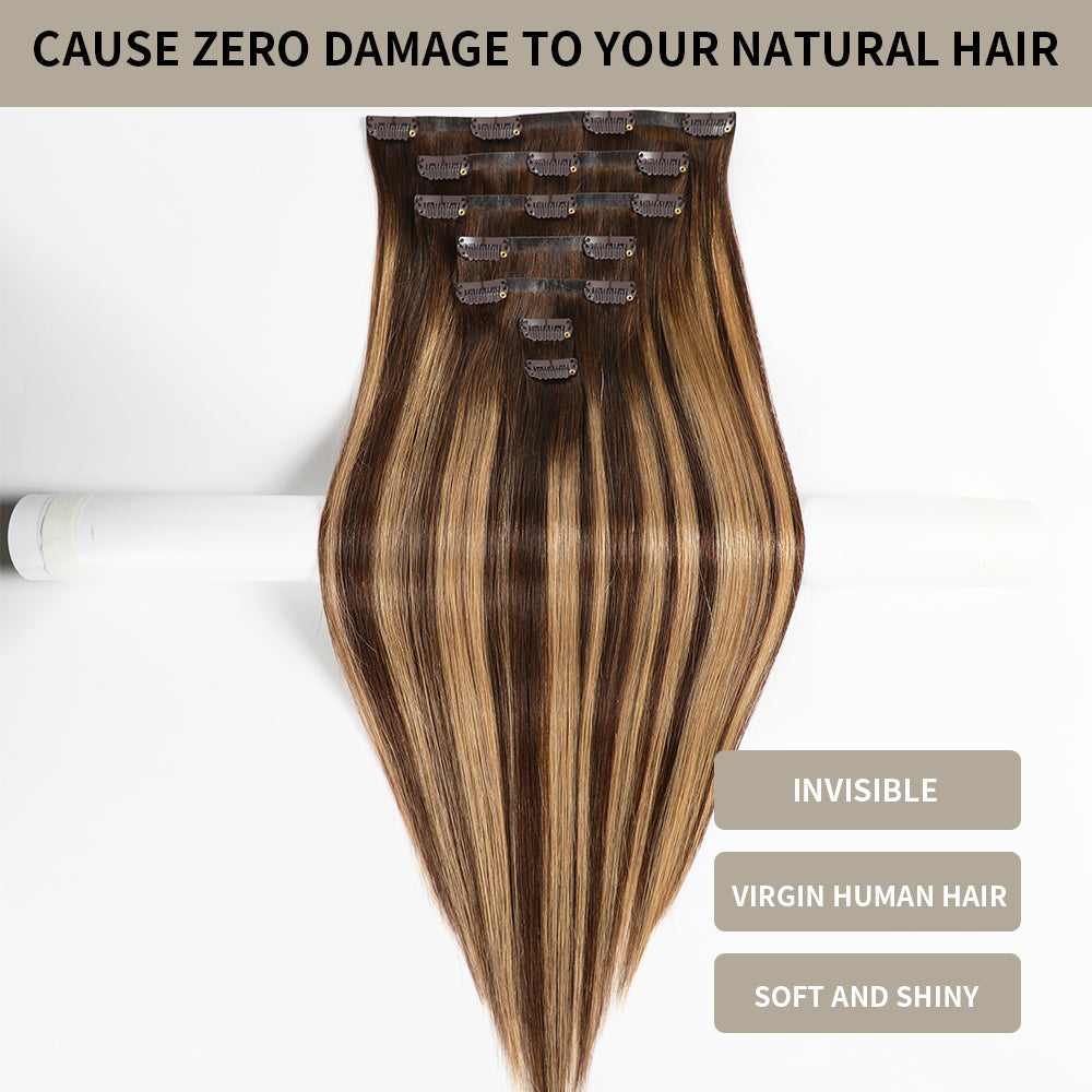 Yilite (#P4/27/T4) Chocolate Brown to Caramel Blonde Seamless Clip Ins 7Pcs
