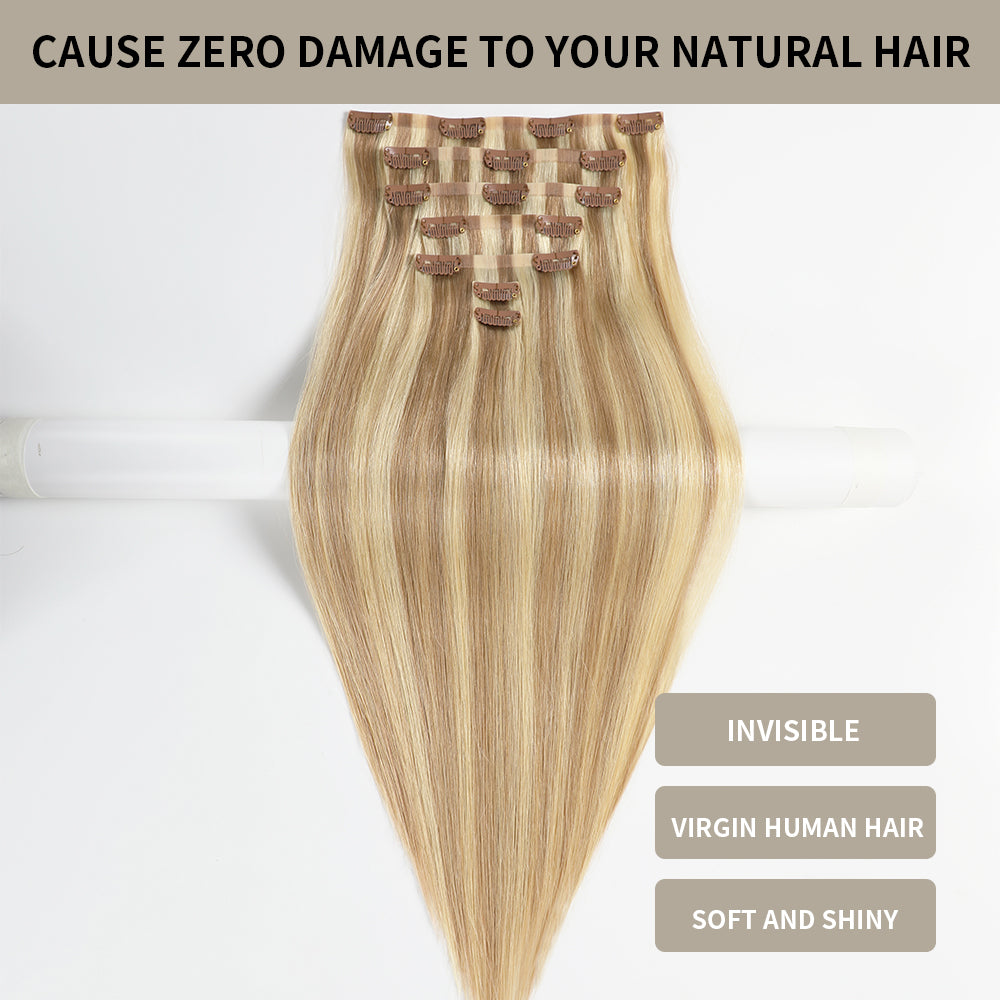 Yilite (#P18/613) Ash Blonde Highlights Seamless Clip Ins 7Pcs